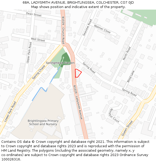 68A, LADYSMITH AVENUE, BRIGHTLINGSEA, COLCHESTER, CO7 0JD: Location map and indicative extent of plot