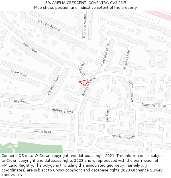 69, AMELIA CRESCENT, COVENTRY, CV3 1NB: Location map and indicative extent of plot