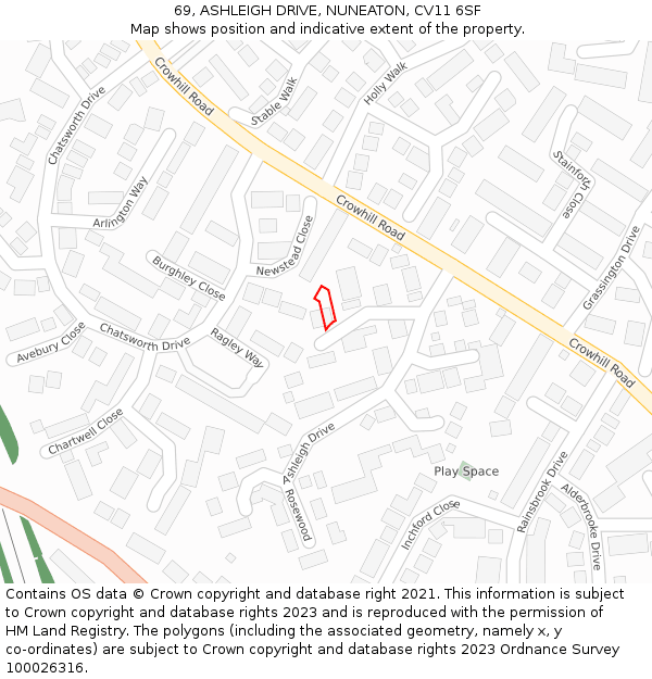 69, ASHLEIGH DRIVE, NUNEATON, CV11 6SF: Location map and indicative extent of plot