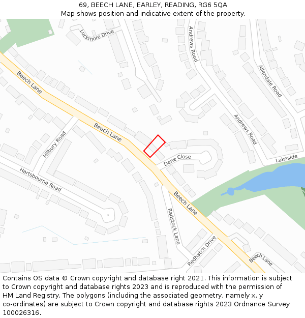 69, BEECH LANE, EARLEY, READING, RG6 5QA: Location map and indicative extent of plot