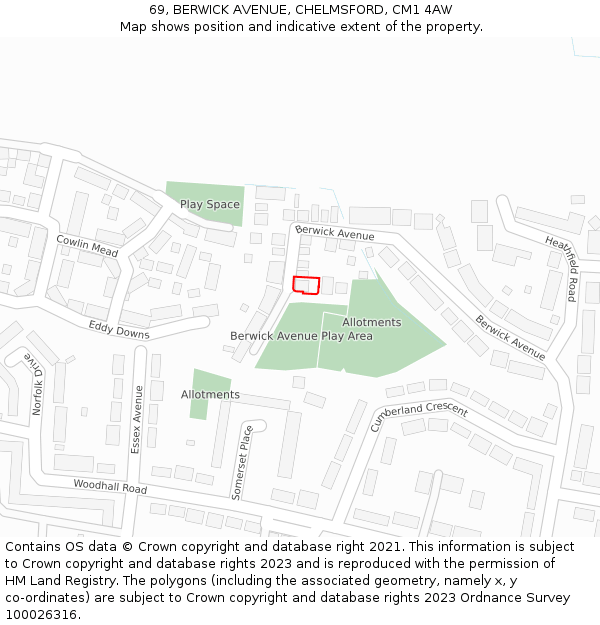 69, BERWICK AVENUE, CHELMSFORD, CM1 4AW: Location map and indicative extent of plot
