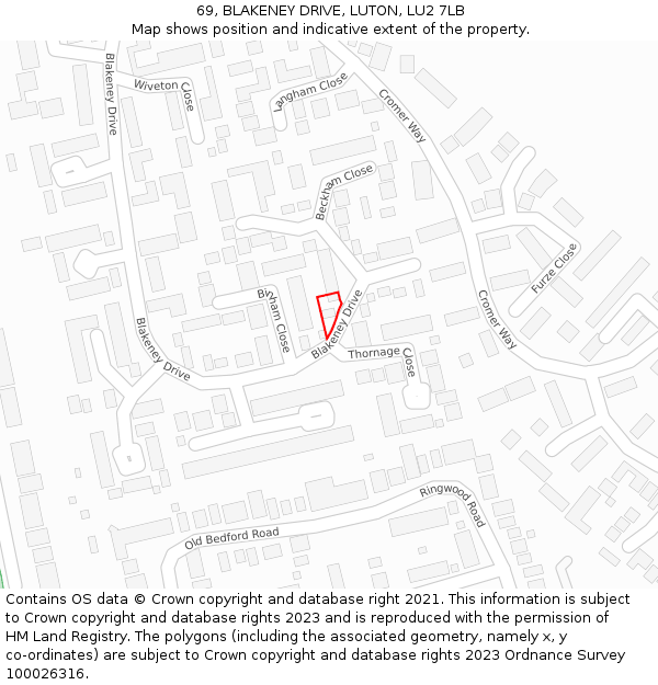 69, BLAKENEY DRIVE, LUTON, LU2 7LB: Location map and indicative extent of plot