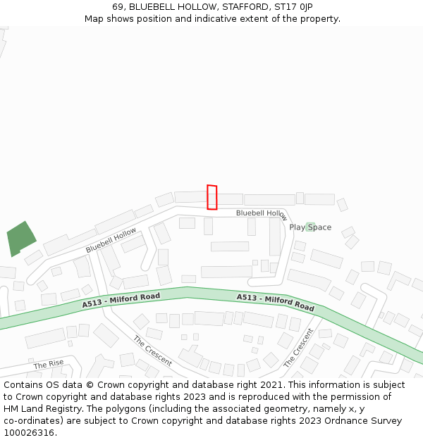 69, BLUEBELL HOLLOW, STAFFORD, ST17 0JP: Location map and indicative extent of plot