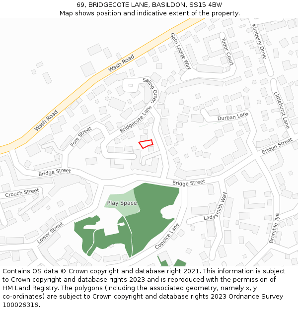 69, BRIDGECOTE LANE, BASILDON, SS15 4BW: Location map and indicative extent of plot
