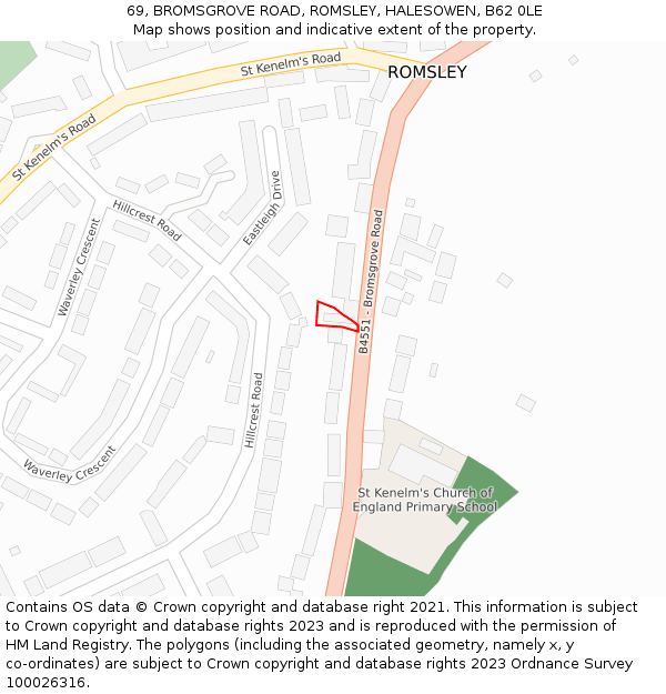 69, BROMSGROVE ROAD, ROMSLEY, HALESOWEN, B62 0LE: Location map and indicative extent of plot