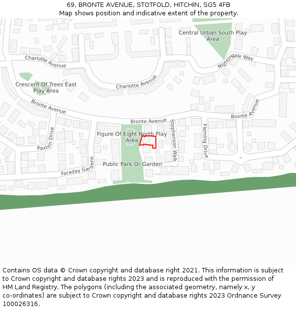 69, BRONTE AVENUE, STOTFOLD, HITCHIN, SG5 4FB: Location map and indicative extent of plot