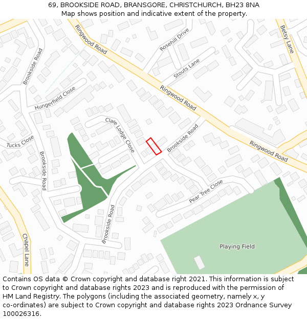 69, BROOKSIDE ROAD, BRANSGORE, CHRISTCHURCH, BH23 8NA: Location map and indicative extent of plot