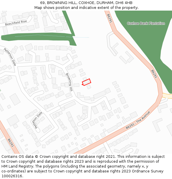 69, BROWNING HILL, COXHOE, DURHAM, DH6 4HB: Location map and indicative extent of plot