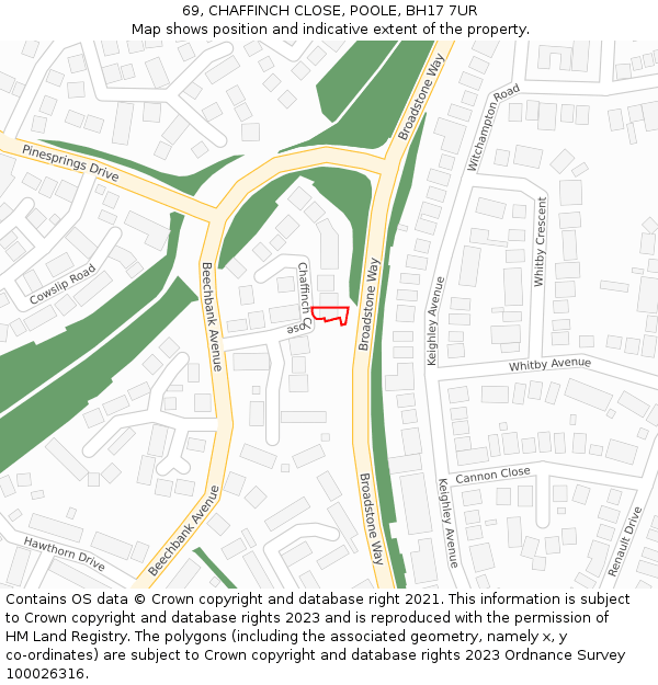 69, CHAFFINCH CLOSE, POOLE, BH17 7UR: Location map and indicative extent of plot