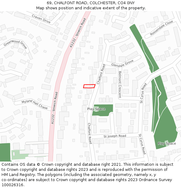 69, CHALFONT ROAD, COLCHESTER, CO4 0NY: Location map and indicative extent of plot