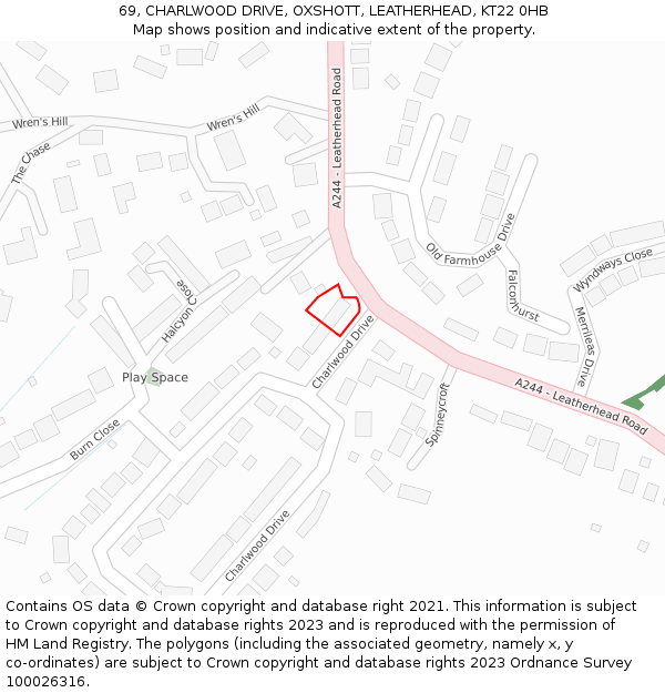 69, CHARLWOOD DRIVE, OXSHOTT, LEATHERHEAD, KT22 0HB: Location map and indicative extent of plot