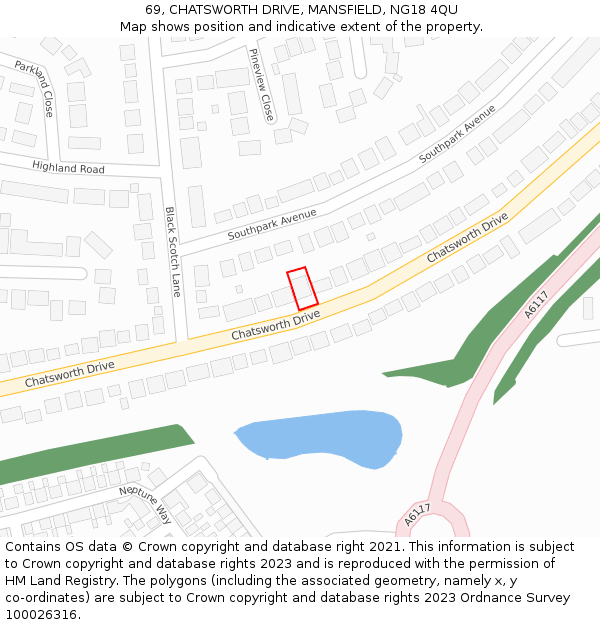 69, CHATSWORTH DRIVE, MANSFIELD, NG18 4QU: Location map and indicative extent of plot