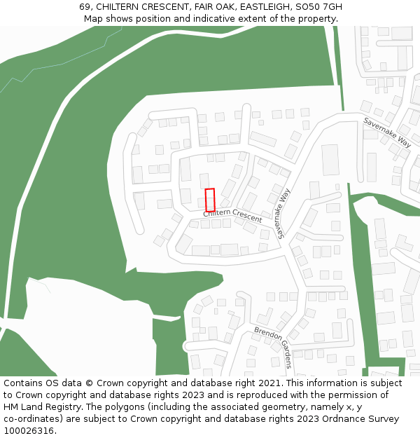 69, CHILTERN CRESCENT, FAIR OAK, EASTLEIGH, SO50 7GH: Location map and indicative extent of plot