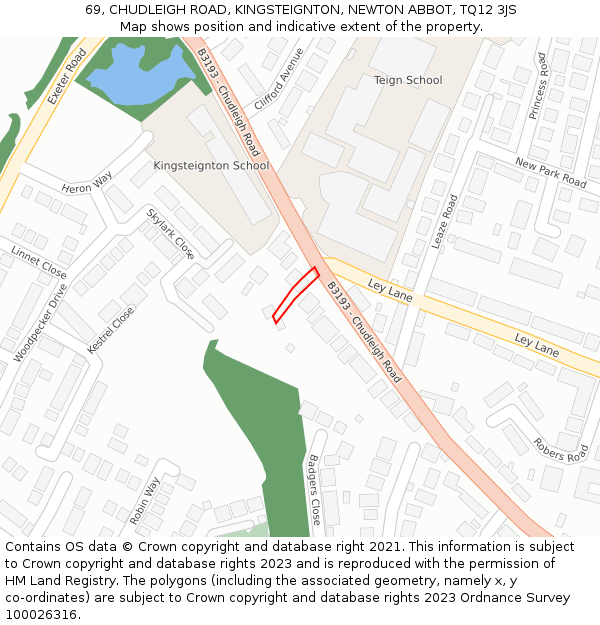 69, CHUDLEIGH ROAD, KINGSTEIGNTON, NEWTON ABBOT, TQ12 3JS: Location map and indicative extent of plot