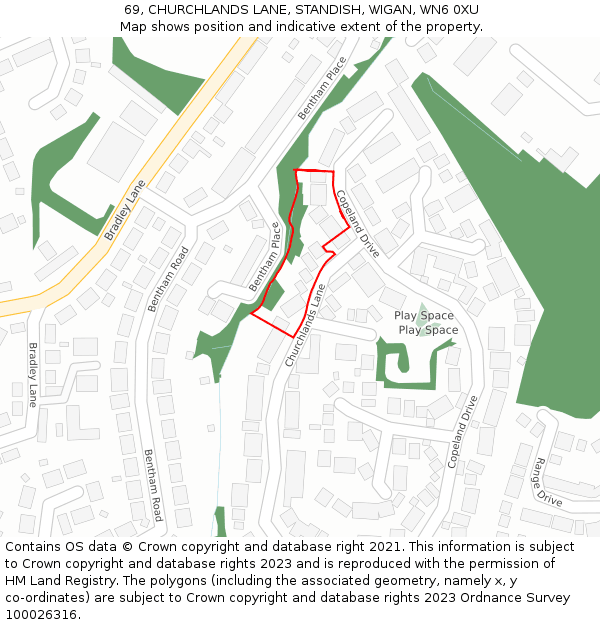 69, CHURCHLANDS LANE, STANDISH, WIGAN, WN6 0XU: Location map and indicative extent of plot