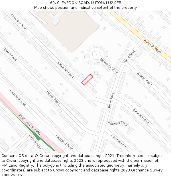 69, CLEVEDON ROAD, LUTON, LU2 9EB: Location map and indicative extent of plot
