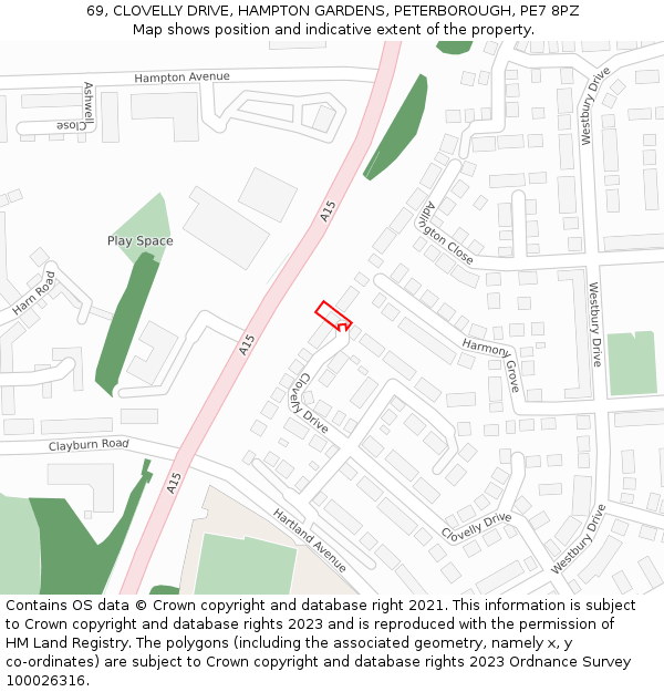 69, CLOVELLY DRIVE, HAMPTON GARDENS, PETERBOROUGH, PE7 8PZ: Location map and indicative extent of plot