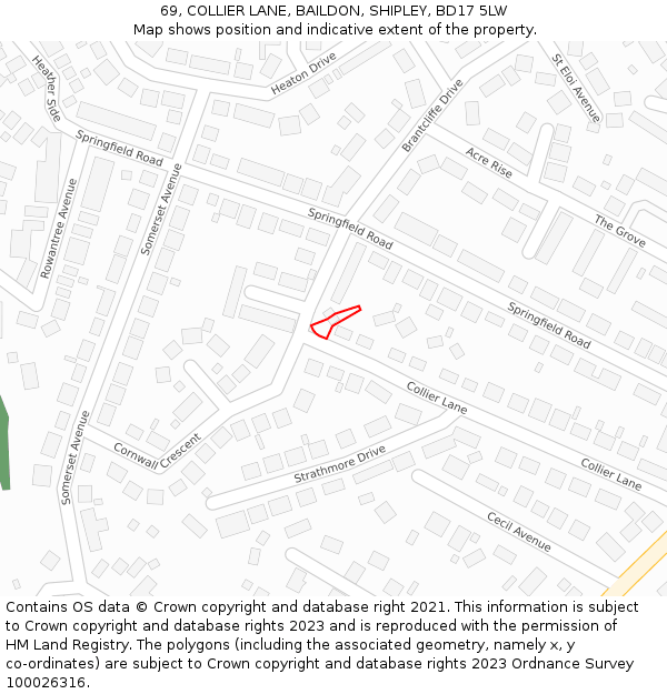 69, COLLIER LANE, BAILDON, SHIPLEY, BD17 5LW: Location map and indicative extent of plot