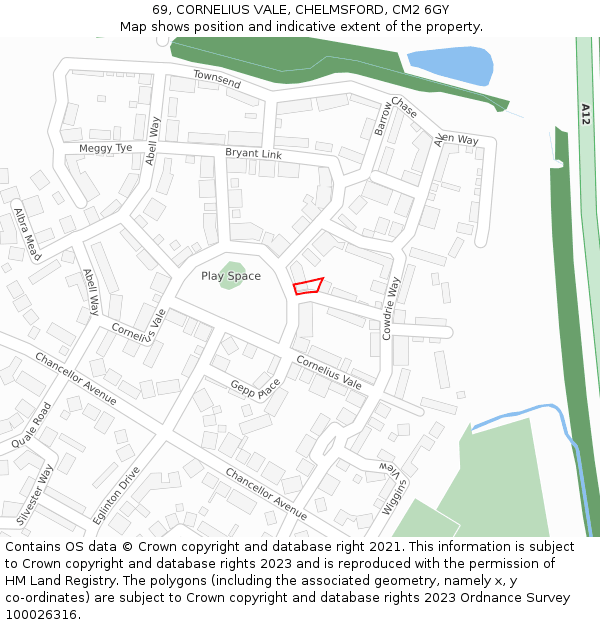 69, CORNELIUS VALE, CHELMSFORD, CM2 6GY: Location map and indicative extent of plot