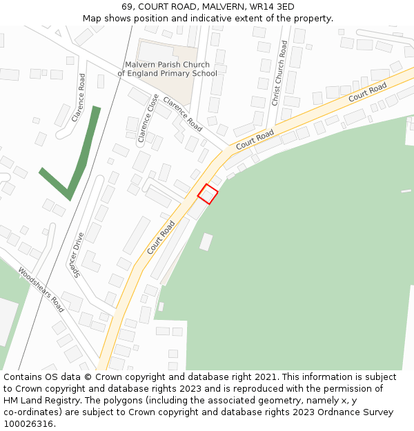 69, COURT ROAD, MALVERN, WR14 3ED: Location map and indicative extent of plot
