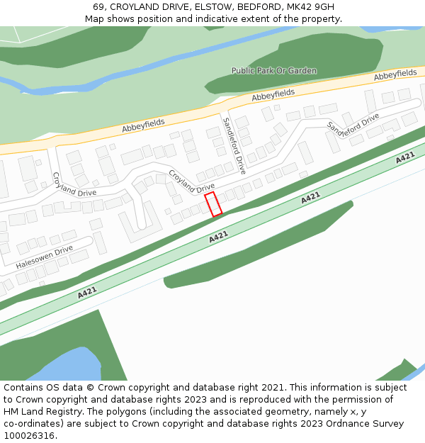 69, CROYLAND DRIVE, ELSTOW, BEDFORD, MK42 9GH: Location map and indicative extent of plot