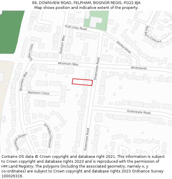 69, DOWNVIEW ROAD, FELPHAM, BOGNOR REGIS, PO22 8JA: Location map and indicative extent of plot