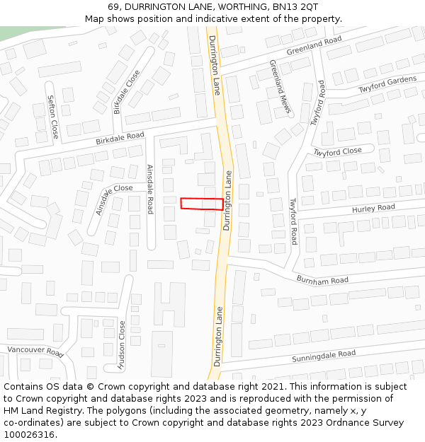 69, DURRINGTON LANE, WORTHING, BN13 2QT: Location map and indicative extent of plot