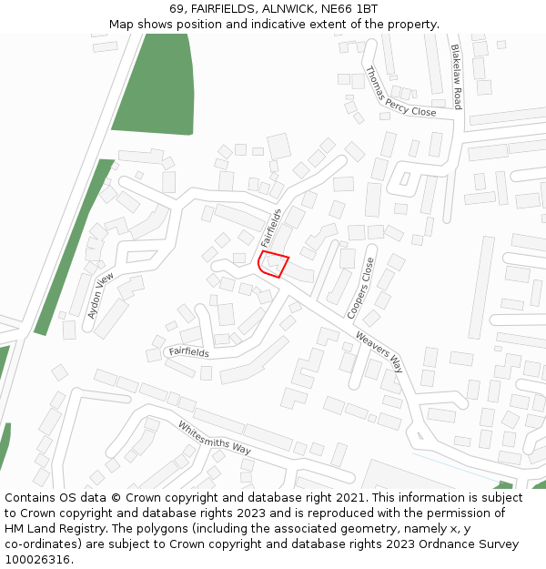 69, FAIRFIELDS, ALNWICK, NE66 1BT: Location map and indicative extent of plot
