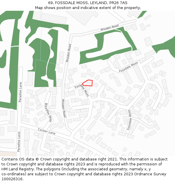 69, FOSSDALE MOSS, LEYLAND, PR26 7AS: Location map and indicative extent of plot