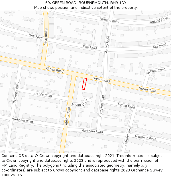 69, GREEN ROAD, BOURNEMOUTH, BH9 1DY: Location map and indicative extent of plot