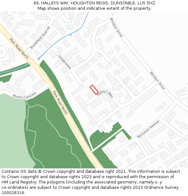 69, HALLEYS WAY, HOUGHTON REGIS, DUNSTABLE, LU5 5HZ: Location map and indicative extent of plot