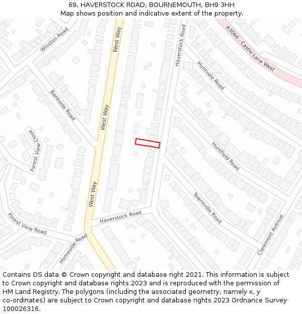 69, HAVERSTOCK ROAD, BOURNEMOUTH, BH9 3HH: Location map and indicative extent of plot