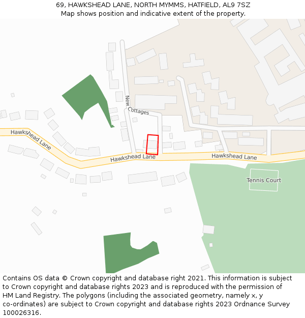 69, HAWKSHEAD LANE, NORTH MYMMS, HATFIELD, AL9 7SZ: Location map and indicative extent of plot