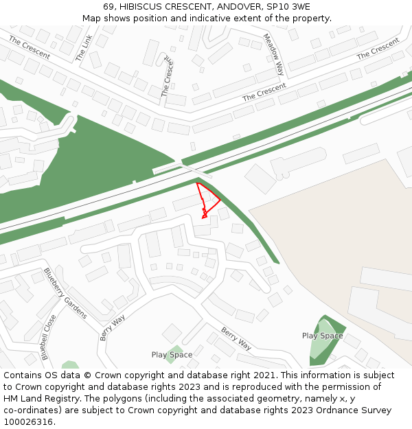 69, HIBISCUS CRESCENT, ANDOVER, SP10 3WE: Location map and indicative extent of plot