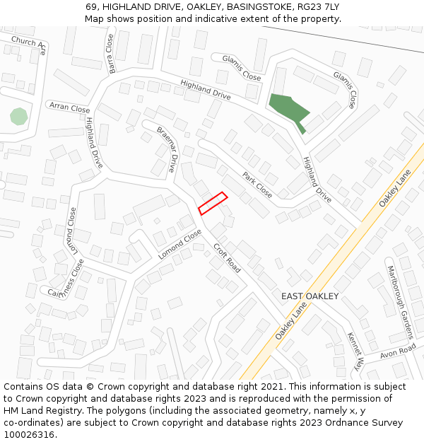 69, HIGHLAND DRIVE, OAKLEY, BASINGSTOKE, RG23 7LY: Location map and indicative extent of plot