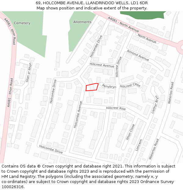 69, HOLCOMBE AVENUE, LLANDRINDOD WELLS, LD1 6DR: Location map and indicative extent of plot