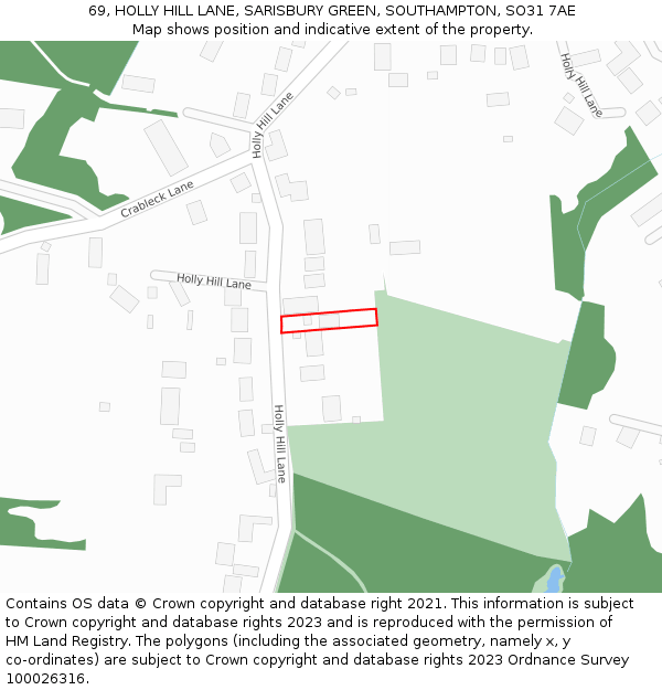 69, HOLLY HILL LANE, SARISBURY GREEN, SOUTHAMPTON, SO31 7AE: Location map and indicative extent of plot