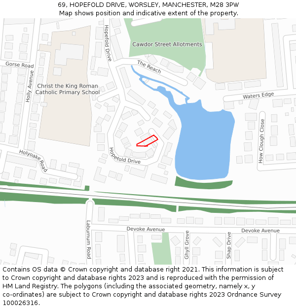 69, HOPEFOLD DRIVE, WORSLEY, MANCHESTER, M28 3PW: Location map and indicative extent of plot