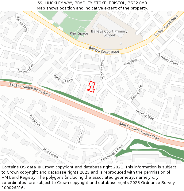 69, HUCKLEY WAY, BRADLEY STOKE, BRISTOL, BS32 8AR: Location map and indicative extent of plot