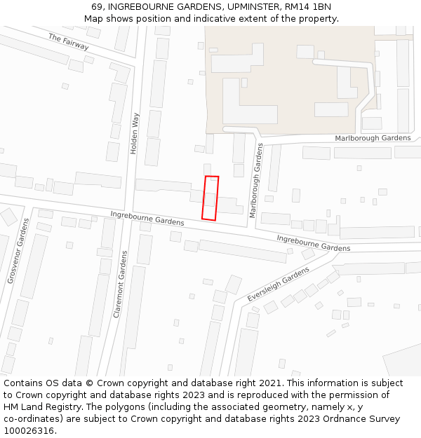 69, INGREBOURNE GARDENS, UPMINSTER, RM14 1BN: Location map and indicative extent of plot