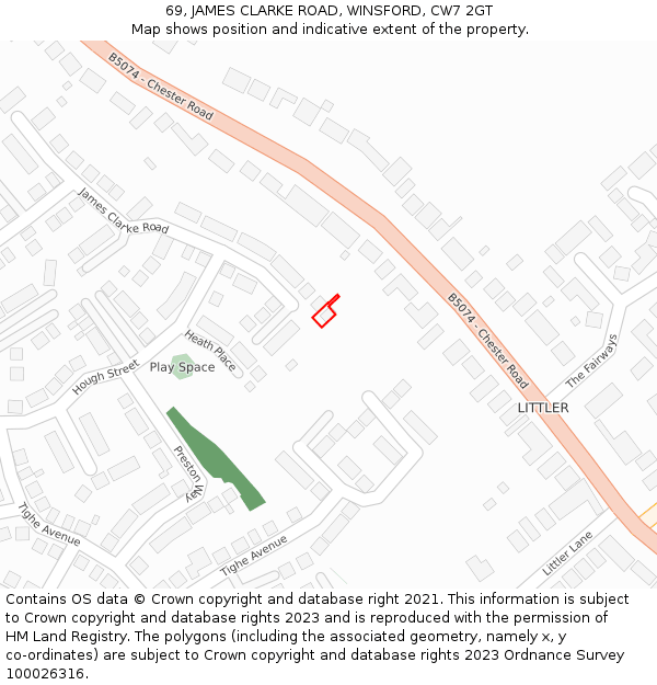 69, JAMES CLARKE ROAD, WINSFORD, CW7 2GT: Location map and indicative extent of plot