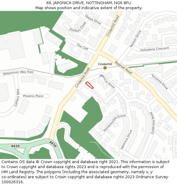 69, JAPONICA DRIVE, NOTTINGHAM, NG6 8PU: Location map and indicative extent of plot