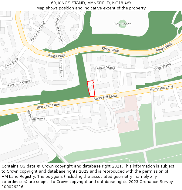 69, KINGS STAND, MANSFIELD, NG18 4AY: Location map and indicative extent of plot