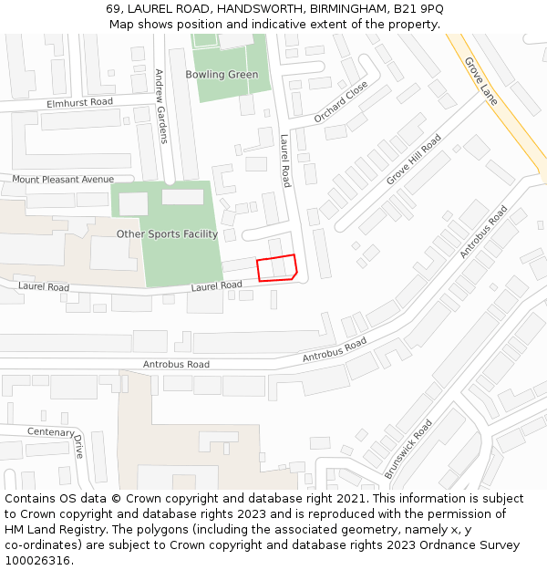 69, LAUREL ROAD, HANDSWORTH, BIRMINGHAM, B21 9PQ: Location map and indicative extent of plot