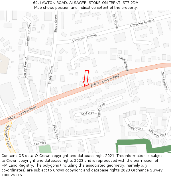 69, LAWTON ROAD, ALSAGER, STOKE-ON-TRENT, ST7 2DA: Location map and indicative extent of plot