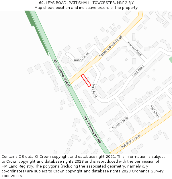 69, LEYS ROAD, PATTISHALL, TOWCESTER, NN12 8JY: Location map and indicative extent of plot