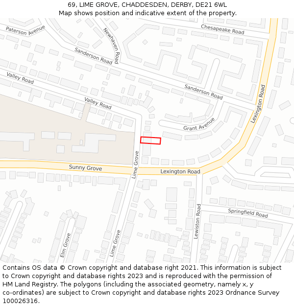 69, LIME GROVE, CHADDESDEN, DERBY, DE21 6WL: Location map and indicative extent of plot