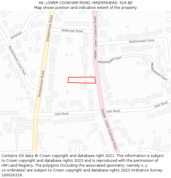 69, LOWER COOKHAM ROAD, MAIDENHEAD, SL6 8JY: Location map and indicative extent of plot