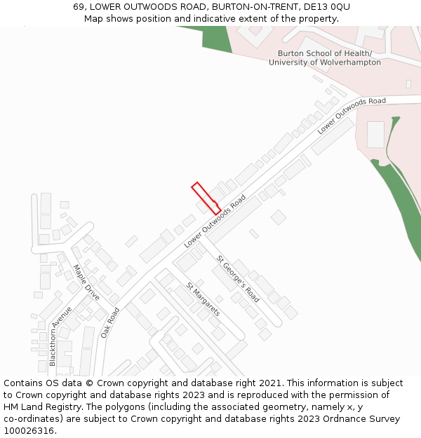 69, LOWER OUTWOODS ROAD, BURTON-ON-TRENT, DE13 0QU: Location map and indicative extent of plot