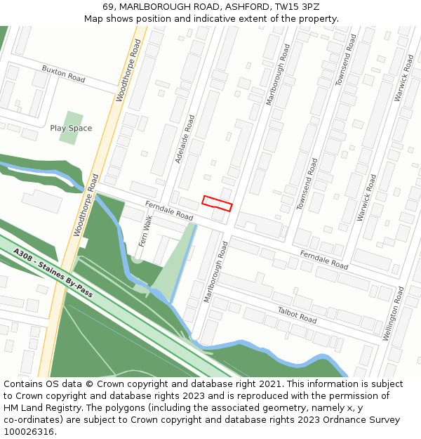 69, MARLBOROUGH ROAD, ASHFORD, TW15 3PZ: Location map and indicative extent of plot